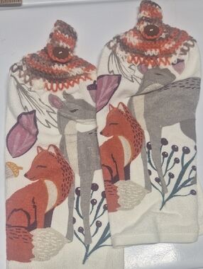 Woodland Fox & Deer Hanging Kitchen Towels - Cream with Rust and Gray